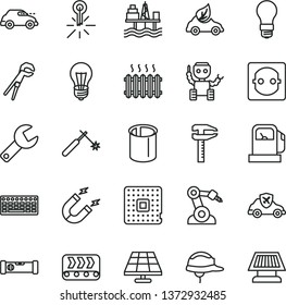 thin line vector icon set - repair key vector, adjustable wrench, construction level, helmet, commercial seaport, solar panel, gas station, bulb, light, power socket, conveyor, eco car, retro, pipes