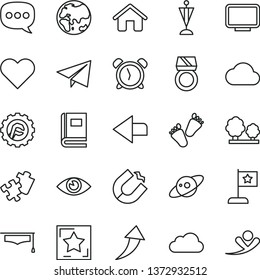 thin line vector icon set - alarm clock vector, left direction, paper airplane, children's tracks, Puzzle, house, star gear, heart, eye, planet, trees, horseshoe magnet, speech, monitor, cloud, book
