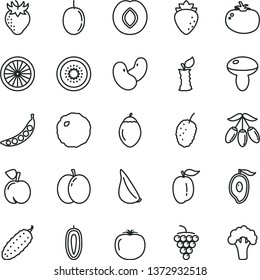 thin line vector icon set - mushroom vector, cabbage, cucumber, tomato, garlic, peach, apple, large grape, plum, raspberry, strawberry, tasty mulberry, half of mango, goji berry, ripe, passion fruit