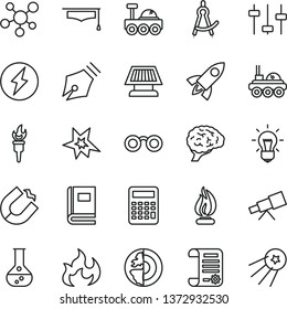 thin line vector icon set - flask vector, horseshoe magnet, research article, telescope, molecule, glasses, bulb, brain, settings, book, flame, graduate hat, calculator, drawing compass, earth core