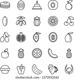 thin line vector icon set - birthday cake vector, peper, a pineapple, pancakes, cherry, half apricot, pomegranate, branch of grape, cornels, blueberry, melon, slice, mango, loquat, goji berry, ripe