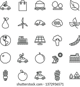 thin line vector icon set - saving light bulb vector, cabbage, pear, tangerine, delicious apple, peas, broccoli, solar panel, big, leaves, leaf, windmill, planet Earth, hydroelectric station, trees