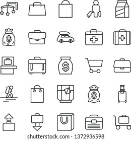thin line vector icon set - paper bag vector, first aid kit, toys over the cot, medical, portfolio, case, suitcase, with handles, package, a glass of tea, cart, briefcase, money, dollars, hand