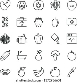 thin line vector icon set - first aid kit vector, measuring cup for feeding, baby powder, bag of a paramedic, bath, cardiogram, plate milk, cucumber, pear, half apricot, pomegranate, quince, plum