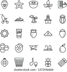 thin line vector icon set - wicker pot vector, summer stroller, strawberry, strawberries, mint, honeycombs, raspberry, half of medlar, kiwi, guava, ripe pineapple, leaves, sand castle, hotel, tent