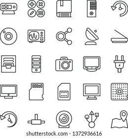 thin line vector icon set - camera vector, monitor window, archive, e, screen, math actions, lens, electric plug, processor, satellite antenna, SIM card, connections, pc tower, web, usb, scanner, sd