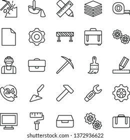 thin line vector icon set - paint roller vector, monitor window, clean sheet of paper, gears, cogwheel, building trowel, measuring tape, wooden brush, writing accessories, drawing, road fence, case