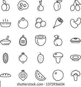 thin line vector icon set - loaf vector, mushroom, pie, a bowl of buckwheat porridge, hot, plate milk, grill chicken leg, cabbage, omelette, apple, orange slice, peach, pomegranate, cornels, medlar