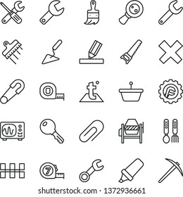 thin line vector icon set - repair key vector, clip, cross, safety pin, iron fork spoons, building trowel, concrete mixer, small tools, hand saw, measuring tape, long meashuring, wooden paint brush