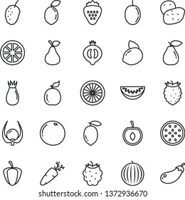 thin line vector icon set - carrot vector, strawberry, pear, rose hip, half of medlar, blackberry, tasty raspberry, mulberry, water melon, slice, cherry, passion fruit, lemon, yellow, juicy, orange