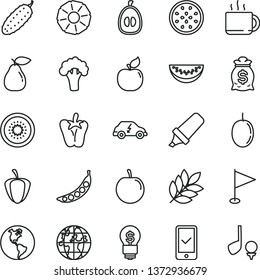 thin line vector icon set - pennant vector, cucumber, peper, cup of tea, pear, apricot, water melon slice, half loquat, tasty plum, passion fruit, kiwi, pineapple, ripe pepper, peas, broccoli, idea