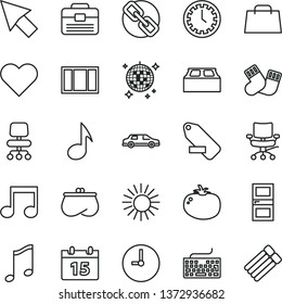 thin line vector icon set - clock face vector, keyboard, spectacles, remove label, warm socks, window frame, portfolio, interroom door, building block, wall, calendar, heart, music, tomato, purse