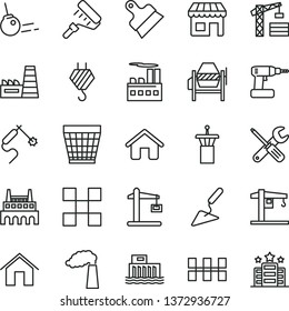 thin line vector icon set - wicker pot vector, crane, tower, house, hook, building trowel, concrete mixer, small tools, cordless drill, paint roller, tile, ceramic tiles, putty knife, core, home - Shutterstock ID 1372936727
