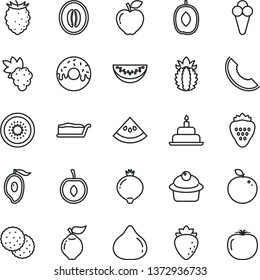 thin line vector icon set - birthday cake vector, muffin, slice, glazed with a hole, cone, strawberry, biscuit, grape, quince, red apple, raspberry, fig, medlar, tasty, of melon, half mango, water