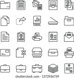 thin line vector icon set - clean paper vector, scribbled, folder, archive, suitcase, estimate, received letter, pile, pass card, drawer, delete page, move right, portfolio, briefcase, research