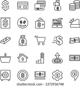 thin line vector icon set - dollar vector, strongbox, cards, coins, shopping cart, basket, reverse side of a bank card, denomination the, financial item, dollars, cash, machine, cashbox, gold bar