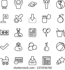 thin line vector icon set - check mark vector, dummy, baby carriage, bath ball, children's sand set, colored air balloons, put in a box, move down, blueberry, blueberries, onion, planet Earth