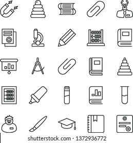 thin line vector icon set - tassel vector, clip, new abacus, stacking rings, toy, books, notebook, square academic hat, magnet, scribed compasses, pencil, text highlighter, book on statistics