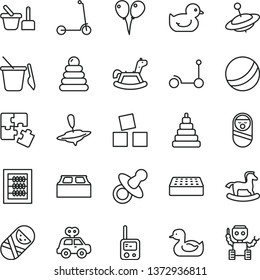 thin line vector icon set - dummy vector, new abacus, rubber duck, baby duckling, bath ball, stacking rings, toy, motor vehicle present, roly poly doll, tumbler, phone, sand set, children's, yule