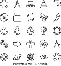 thin line vector icon set - prohibition vector, clock face, right direction, renewal, plus, clockwise, stacking toy, eye, timer, CD, delete page, accumulator, gear, gears, scribed compasses, scheme