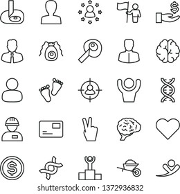 thin line vector icon set - woman vector, footprints, workman, garden trolley, employee, heart, pass card, man, in sight, dollar, get a wage, dna, brain, bactery, artifical insimination, hold flag