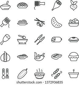 thin line vector icon set - deep plate with a spoon vector, iron fork spoons, sausage, onion, slices of, spaghetti, noodles, cake, pie, apple, bowl buckwheat porridge, in saucepan, lettuce, chop