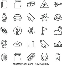 thin line vector icon set - danger of electricity vector, add bookmark, label, pennant, negative histogram, question, toys over the cot, car, Hot Dog, bottle, melon, physalis, CO2, jar, season sale