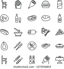 thin line vector icon set - plates and spoons vector, a chair for feeding, child, iron fork, sausage, stick of, piece pizza, burger, spaghetti, pie, grill chicken leg, bacon, chop, barbecue, liquor