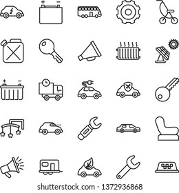 thin line vector icon set - truck lorry vector, horn, toys over the cot, Baby chair, summer stroller, key, delivery, big solar panel, accumulator, battery, canister, eco car, electric, transport