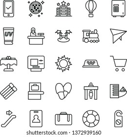 thin line vector icon set - train vector, taxi, air balloon, hang glider, escalator, identity card, security gate, suitcase, baggage scanner, phone registration, atm, hotel, sun, uv cream, safe