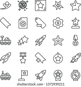 thin line vector icon set - add bookmark vector, remove label, star, space rocket, lunar rover, bang, reward, medal, flag, hero, certificate, dollar gear, three stars, flying man, disco ball