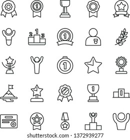 thin line vector icon set - star vector, pedestal, medal, winner, laurel branch, podium, award, cup, gold, reward, man hands up, with, motivation, first place, pennant, ribbon, certificate