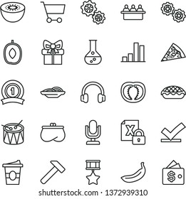 thin line vector icon set - desktop microphone vector, drum, gears, hammer, piece of pizza, slices onion, apple pie, coffe to go, delicious plum, banana, kiwi, half tomato, flask, cart, bar chart