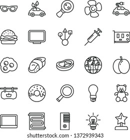 thin line vector icon set - teddy bear vector, heating coil, burger, glazed cake with a hole, bacon, sushi, omelette, apple, fan screw, light bulb, environmentally friendly transport, electric car