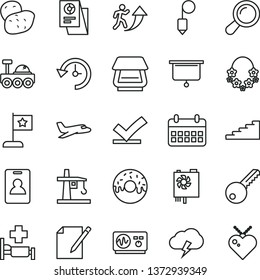 thin line vector icon set - key vector, plummet, storm cloud, notes, glazed cake with a hole, potato, tower crane, statistical research, calendar, pc power supply, scanner, history, zoom, stairway