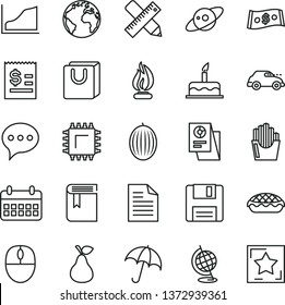 thin line vector icon set - sign of the planet vector, scribbled paper, book, cake, writing accessories, speech, umbrella, bag with handles, apple pie, fried potato slices, pear, melon, retro car