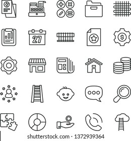 thin line vector icon set - house vector, daily calendar, children's hairdo, Puzzles, cogwheel, stepladder, folder, phone call, coins, math actions, weaving, stall, statistical report, catch a coin