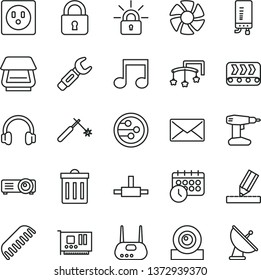 thin line vector icon set - bin vector, toys over the cot, comb, drill, drawing, electronic boiler, lock, socket, conveyor, welding, steel repair key, fan, pc card, web camera, router, scanner, note