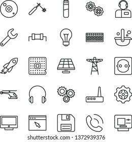 thin line vector icon set - matte light bulb vector, floppy disk, gears, headphones, screen, phone call, operator, solar panel, power pole, socket, gear, processor, welding, repair key, metallurgy