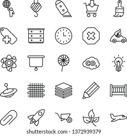 thin line vector icon set - clip vector, mark of injury, add label, baby cot, chest drawers, yule, hook, building trolley, wooden paint brush, knife, pile, put in cart, lollipop, leaves, weaving