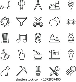 thin line vector icon set - scissors vector, motor vehicle, roly poly doll, plates and spoons, Kick scooter, crane, hook, small tools, stepladder, anchor, eggs, cone, bottle, forest, filter, note
