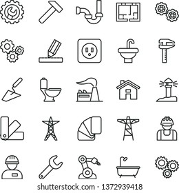 thin line vector icon set - house vector, workman, gears, trowel, color samples, sample of colour, washbasin, toilet, bath, sewerage, lay out flat, power socket type b, drawing, gear, hammer, line