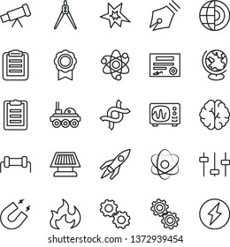 thin line vector icon set - telescope vector, atom, dna, brain, gears, settings, globe, oscilloscope, magnet, flame, clipboard, drawing compass, earth core, medal, sun panel, rocket, lunar rover