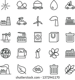 thin line vector icon set - bin vector, dust, drop, bag with handles, apple stub, working oil derrick, leaf, gas station, windmill, manufacture, factory, hydroelectric, hydroelectricity, trees
