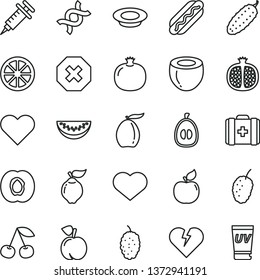 thin line vector icon set - heart symbol vector, mark of injury, medical bag, broken, Hot Dog, a plate milk, cucumber, cherry, peach, half apricot, pomegranate, quince, mulberry, tasty, loquat, dna