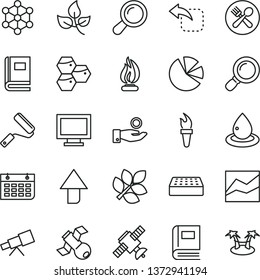 thin line vector icon set - monitor window vector, upward direction, line chart, new roller, brick, move left, honeycombs, leaves, drop of oil, catch a coin, pie charts, wall calendar, magnifier