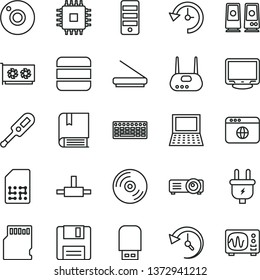 thin line vector icon set - camera vector, electronic thermometer, CD, plug, SIM, notebook pc, keyboard, tower, cpu, gpu card, monitor, router, scanner, usb flash, speaker, browser, connect, sd