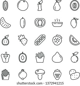thin line vector icon set - Hot Dog vector, mushroom, porridge, peper, French fries, fried potato slices, strawberry, strawberries, grape, fig, medlar, blueberry, slice of water melon, mango, half