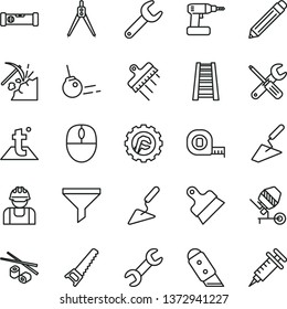 thin line vector icon set - graphite pencil vector, trowel, building, concrete mixer, small tools, cordless drill, hand saw, measuring tape, stepladder, construction level, putty knife, spatula