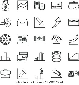 thin line vector icon set - bank card vector, dollar, bar chart, line, growth, negative, suitcase, drawer, cards, front of the, coins, column, recession, purse, dollars, cash, machine, graph